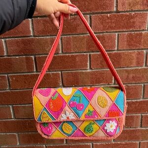 T.J.Maxx Multicolor Beaded Fruit Motif Shoulder Bag - Pink/Coral Strap